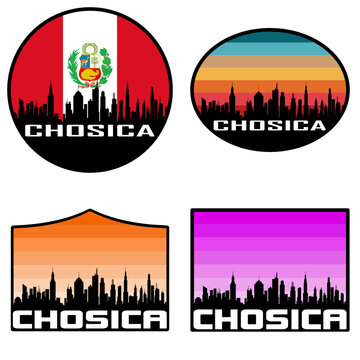 Chosica Skyline Silhouette Peru Flag Travel Souvenir Sticker Sunset Background Vector Illustration SVG EPS AI