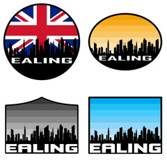 Ealing Skyline Silhouette Uk Flag Travel Souvenir Sticker Sunset Background Vector Illustration SVG EPS AI