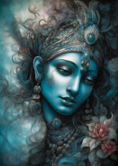 Illustration of Krishna in a fictional scenery for frame. Religious character concept art made with generative ai
