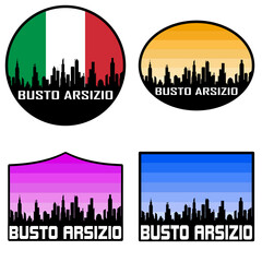 Busto Arsizio Skyline Silhouette Italy Flag Travel Souvenir Sticker Sunset Background Vector Illustration SVG EPS AI