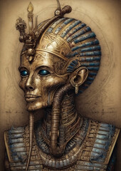 Illustration of Pharaoh in a fictional scenery for frame. Egyptian character concept art made with generative ai