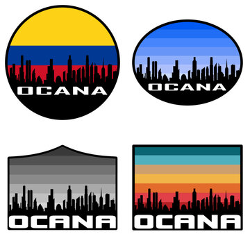 Ocana Skyline Silhouette Colombia Flag Travel Souvenir Sticker Sunset Background Vector Illustration SVG EPS AI