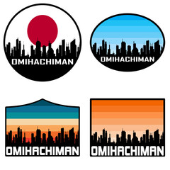 Omihachiman Skyline Silhouette Japan Flag Travel Souvenir Sticker Sunset Background Vector Illustration SVG EPS AI