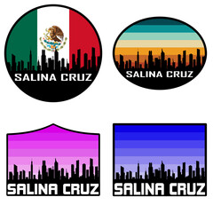 Obraz premium Salina Cruz Skyline Silhouette Mexico Flag Travel Souvenir Sticker Sunset Background Vector Illustration SVG EPS AI