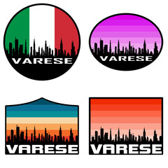 Obraz premium Varese Skyline Silhouette Italy Flag Travel Souvenir Sticker Sunset Background Vector Illustration SVG EPS AI