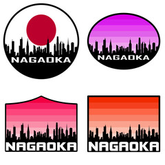 Nagaoka Skyline Silhouette Japan Flag Travel Souvenir Sticker Sunset Background Vector Illustration SVG EPS AI