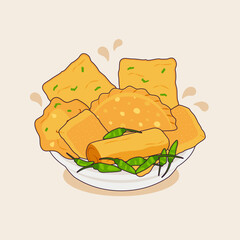 gorengan collection gorengan indonesia vector. illustration of indonesian traditional fried food. tempe. tofu. bakwan. chili.  pastel mendoan. risol.  street food. snack on the top plate flat design