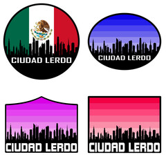 Obraz premium Ciudad Lerdo Skyline Silhouette Mexico Flag Travel Souvenir Sticker Sunset Background Vector Illustration SVG EPS AI
