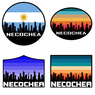 Necochea Skyline Silhouette Argentina Flag Travel Souvenir Sticker Sunset Background Vector Illustration SVG EPS AI