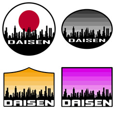 Obraz premium Daisen Skyline Silhouette Japan Flag Travel Souvenir Sticker Sunset Background Vector Illustration SVG EPS AI