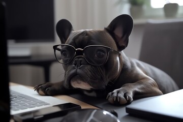 french bulldog puppy sitting with laptop and wearing glasses