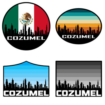 Cozumel Skyline Silhouette Mexico Flag Travel Souvenir Sticker Sunset Background Vector Illustration SVG EPS AI