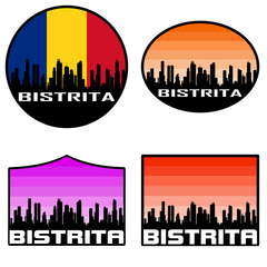 Fototapeta premium Bistrita Skyline Silhouette Romania Flag Travel Souvenir Sticker Sunset Background Vector Illustration SVG EPS AI