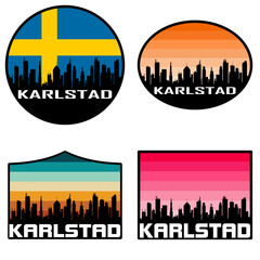 Obraz premium Karlstad Skyline Silhouette Sweden Flag Travel Souvenir Sticker Sunset Background Vector Illustration SVG EPS AI