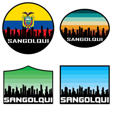Sangolqui Skyline Silhouette Ecuador Flag Travel Souvenir Sticker Sunset Background Vector Illustration SVG EPS AI
