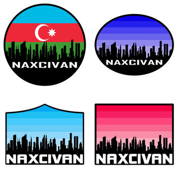 Naxcivan Skyline Silhouette Azerbaijan Flag Travel Souvenir Sticker Sunset Background Vector Illustration SVG EPS AI