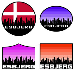 Obraz premium Esbjerg Skyline Silhouette Denmark Flag Travel Souvenir Sticker Sunset Background Vector Illustration SVG EPS AI
