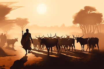 Fototapeta na wymiar silhouette of animals in desert