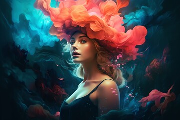 Obraz na płótnie Canvas portrait of a woman with colorful hair, underwater 