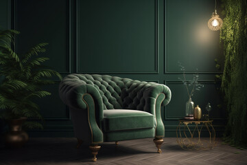 Dark green wall background with a cozy green armchair in living room, Generative AI	
