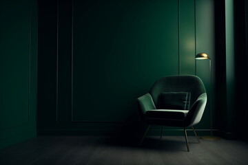 Empty dark green wall background with a comfortable green armchair in living room, Generative AI	