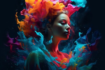 portrait of a woman with colorful hair, underwater 