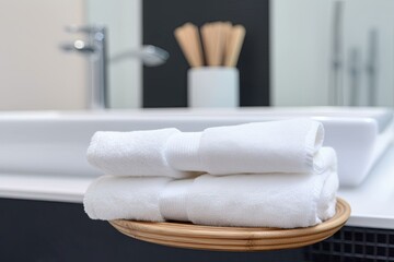 Fototapeta na wymiar White towels folded in dish by sink/faucet in bathroom. Photo generative AI