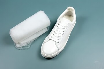 Clean Shoes: White Sneakers + Magic Sponge. Photo generative AI