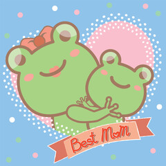 Cute frog parent and child hug each other and write best mom