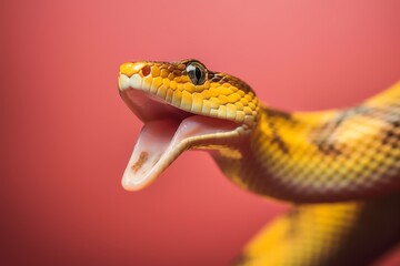 close up of a yellow  snake on pink
