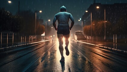 person running on the street in the rain - obrazy, fototapety, plakaty