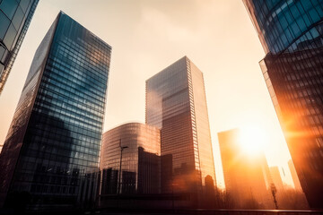 Fototapeta premium Contemporary high rise office towers with a glass facade in morning sun. Rise and shine. High quality generative AI