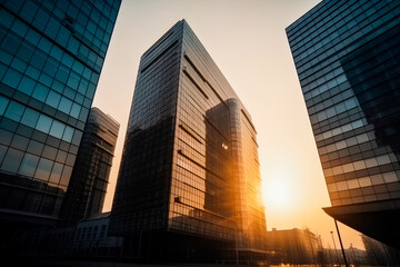 Contemporary high rise office towers with a glass facade in morning sun. Rise and shine. High quality generative AI