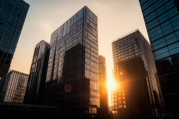 Contemporary high rise office towers with a glass facade in morning sun. Rise and shine. High quality generative AI