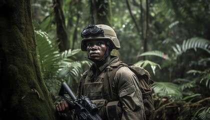 Fototapeta premium soldier in camouflage with gun in jungle