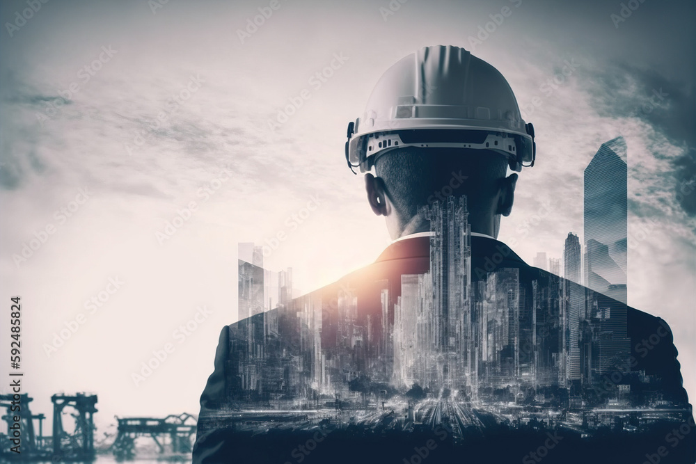 Poster civil engineer portrait as concept for building construct by professional with hardhat helmet engine