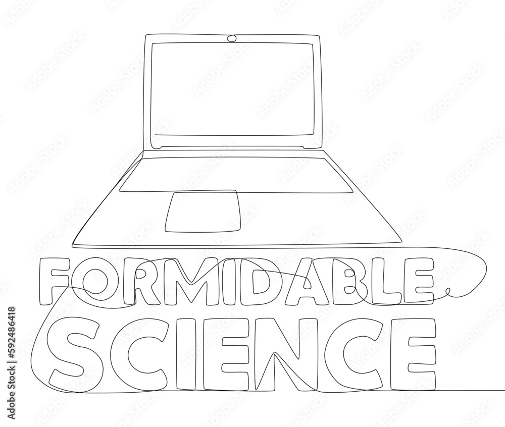 Poster one continuous line of laptop with formidable science word. thin line illustration vector concept. c
