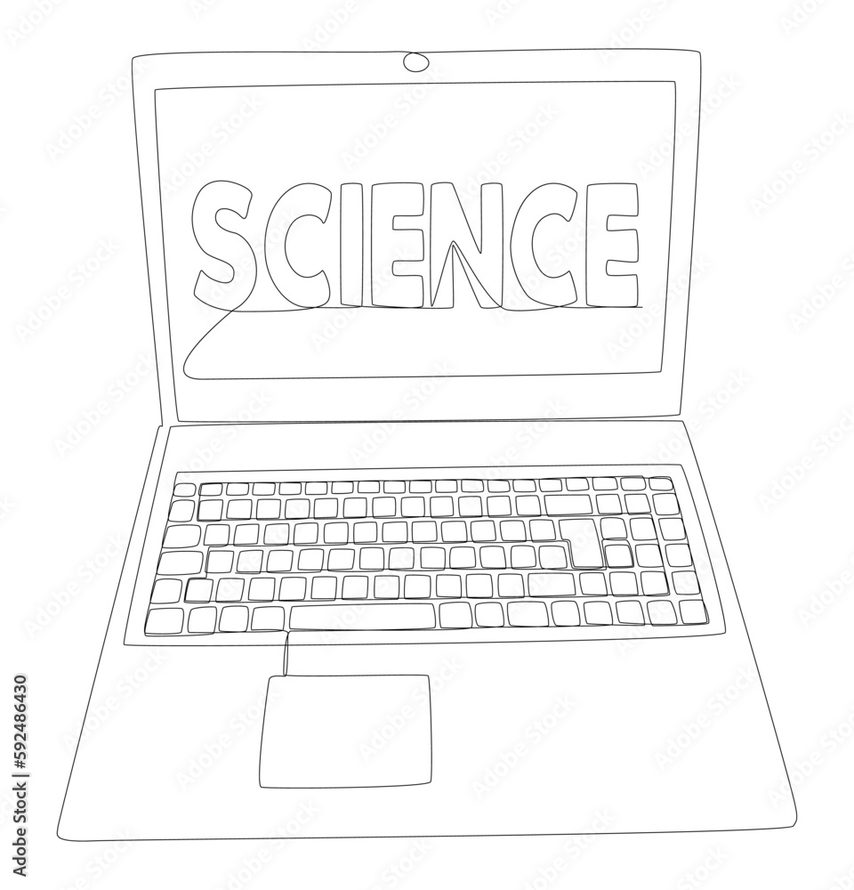 Poster one continuous line of laptop with science word. thin line illustration vector concept. contour draw