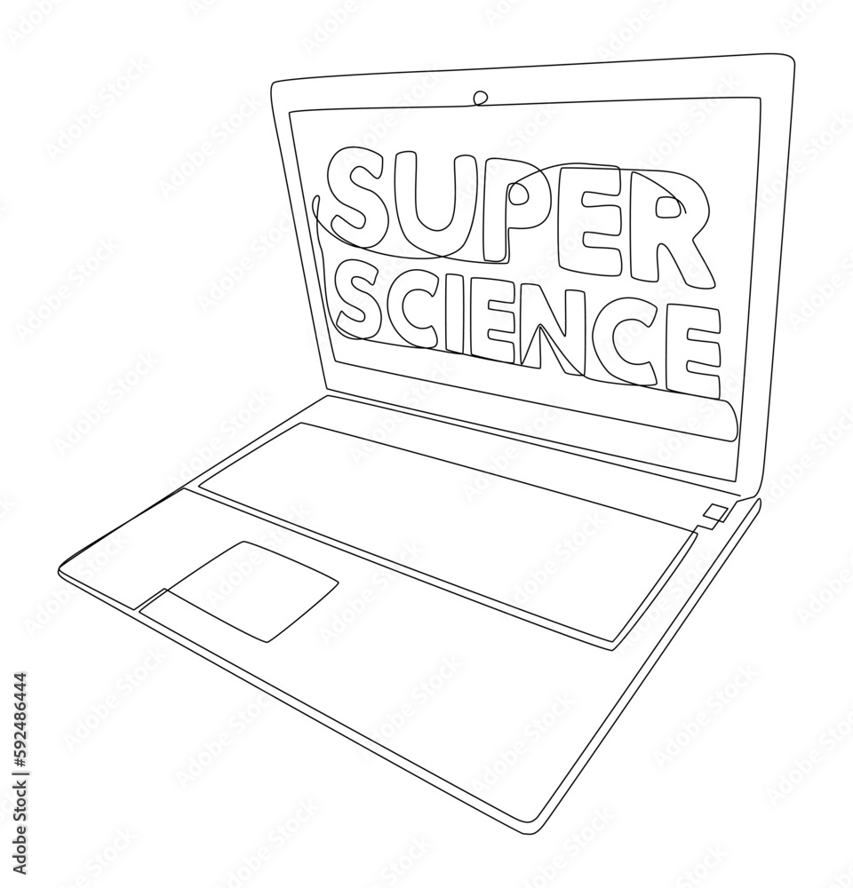 Poster one continuous line of laptop with super science word. thin line illustration vector concept. contou