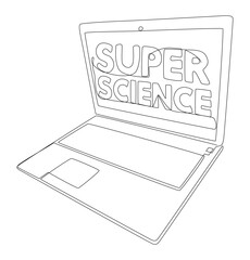 One continuous line of Laptop with Super Science word. Thin Line Illustration vector concept. Contour Drawing Creative ideas.