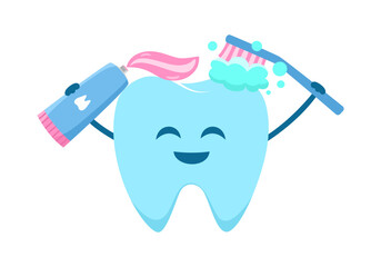 Cute tooth holding toothbrush and toothpaste in flat design on white background. Dental cleaning.