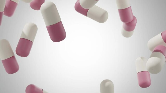 Slow motion of white and pink pharmaceutical capsules are falling down against a white background. Medicine illustration set. 3D animation
