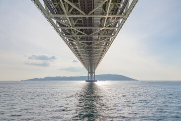 Akashi Kaikyo suspension bridge view from bottom, Kobe Japan