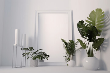 white display stand with tropical foliage on neutral background, Generative AI	