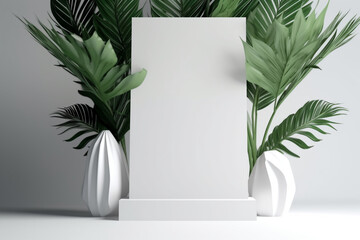 Empty white display stand with tropical foliage on neutral background, Generative AI	
