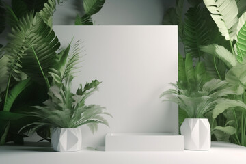 Empty white display stand with tropical foliage on neutral background, Generative AI	
