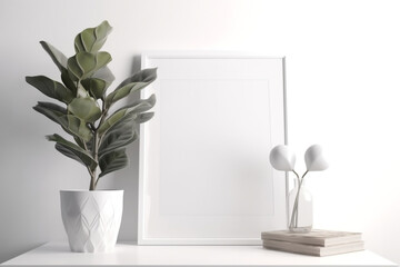 Empty white frame mockup with plant in trendy vase on white wall, Generative AI	