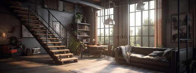 Fototapeta premium Living room Loft In Industrial style 3D render, Generative AI
