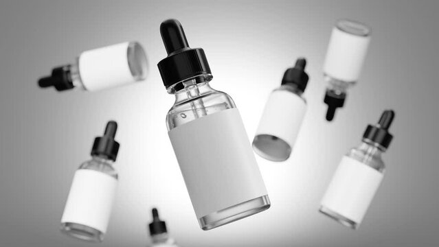 3d illustration of glass bottles unlabeled with dropper cap hovering on light background. Scene for advertising cosmetic, mockup for serum product