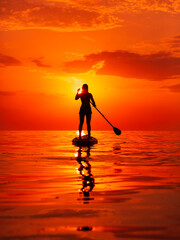 Silhouette of woman on stand up paddle board at quiet ocean with warm sunset or sunrise. Woman on SUP board and bright sunset with reflection on water